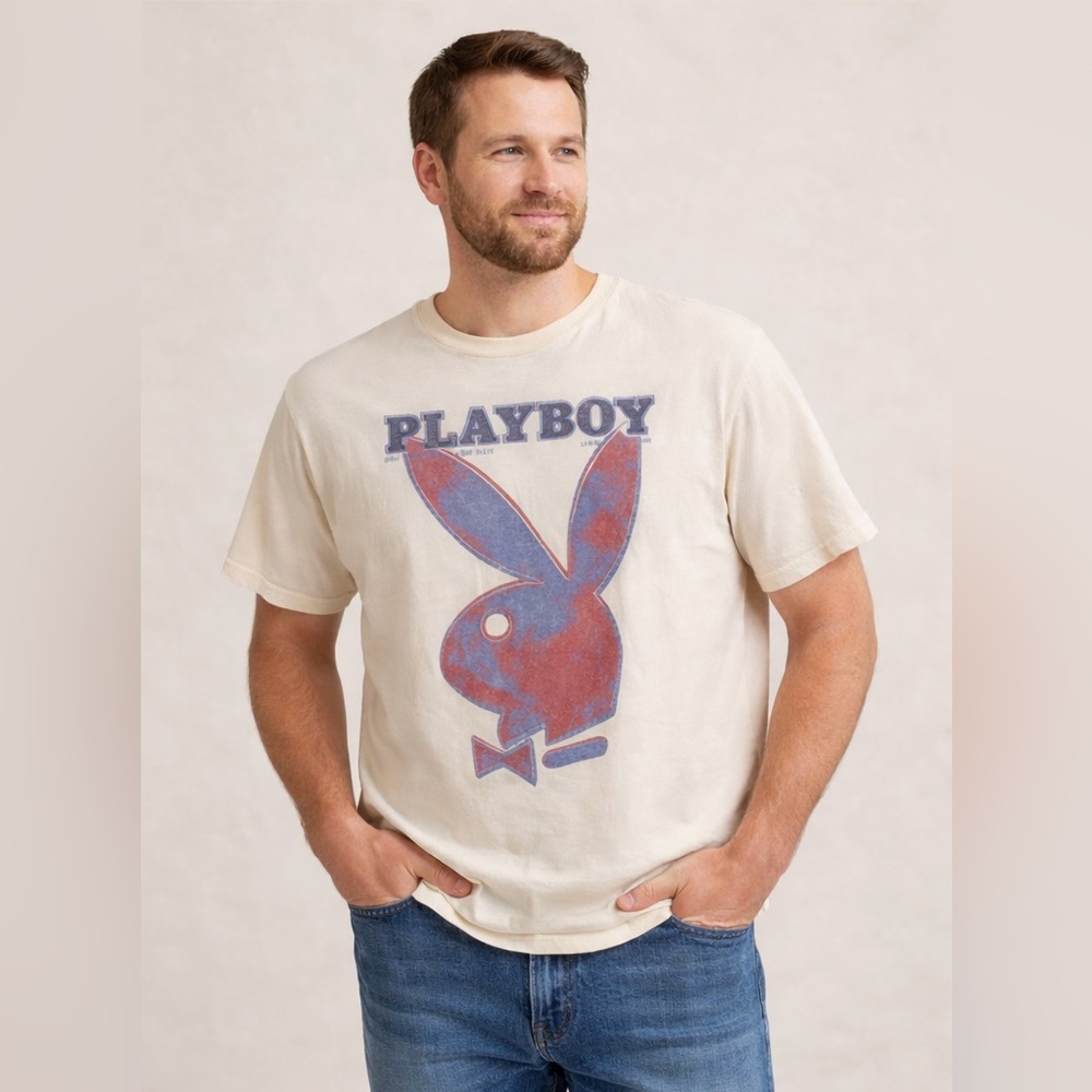 Playboy Graphic Tee XL Vintage Style Bunny Logo Cream Y2K Streetwear Shirt - Picture 3 of 7